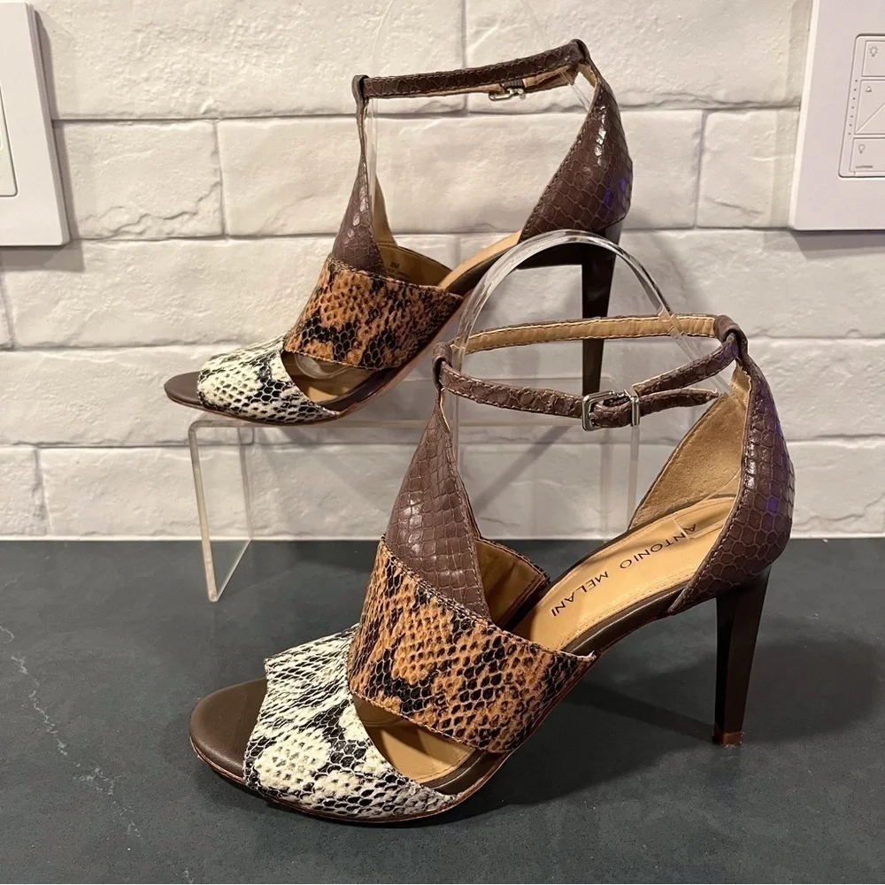 Antonio Melani sz 8 tri-color snakeprint leather high ankle strap heels